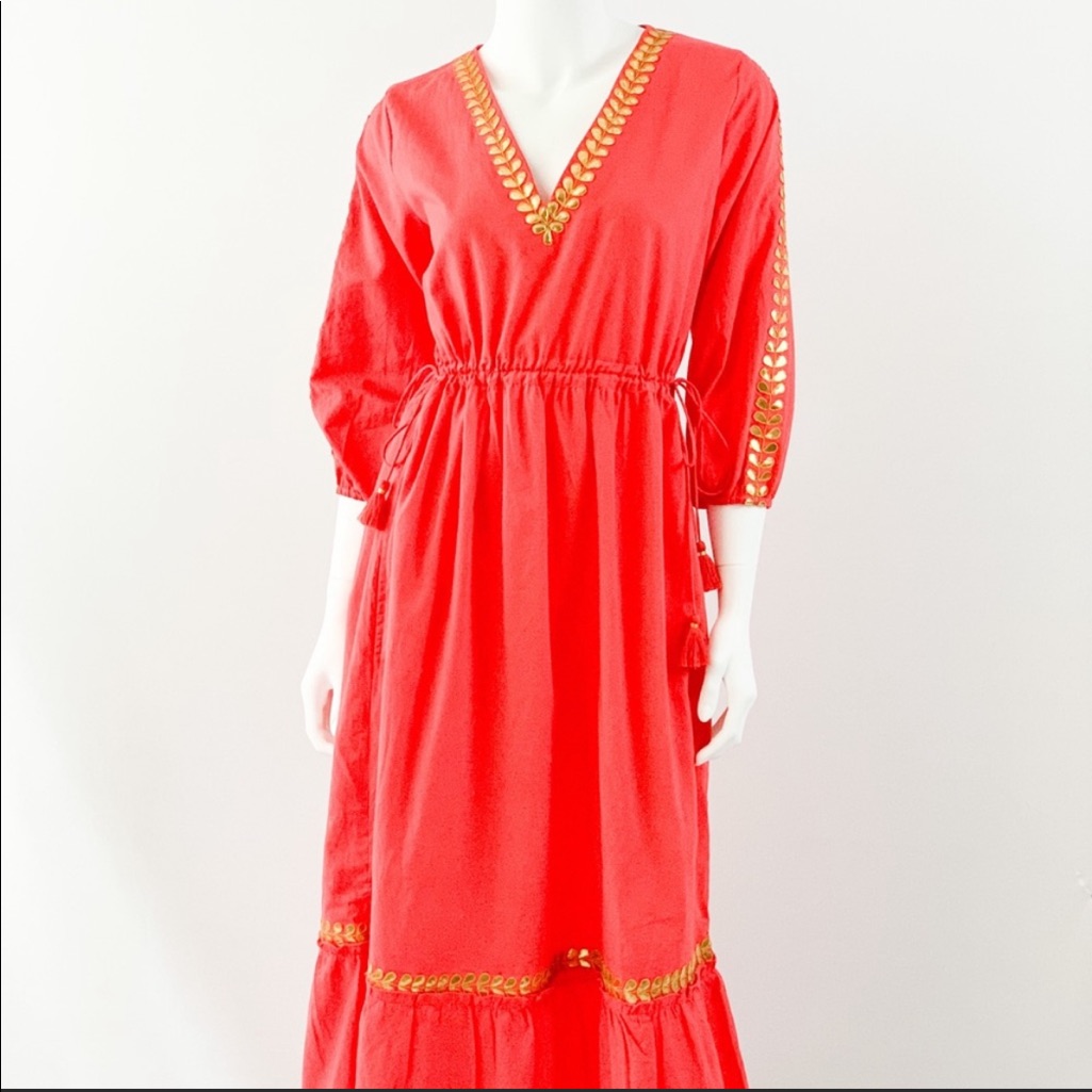La Plage Orange And Gold Midi Cotton Dress